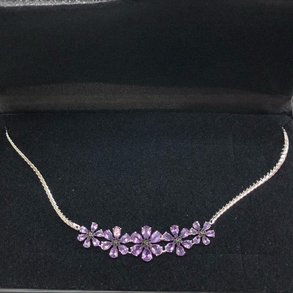 Amethyst Gemstone Flower Bib Necklace Sterling Silver 18 Inches NIB - Picture 4 of 11